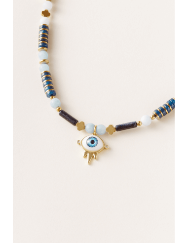 Third Eye chocker | handmade necklace with satin acquamarine, Heliolite (moon stone) and blue agate, with turkish eye charm